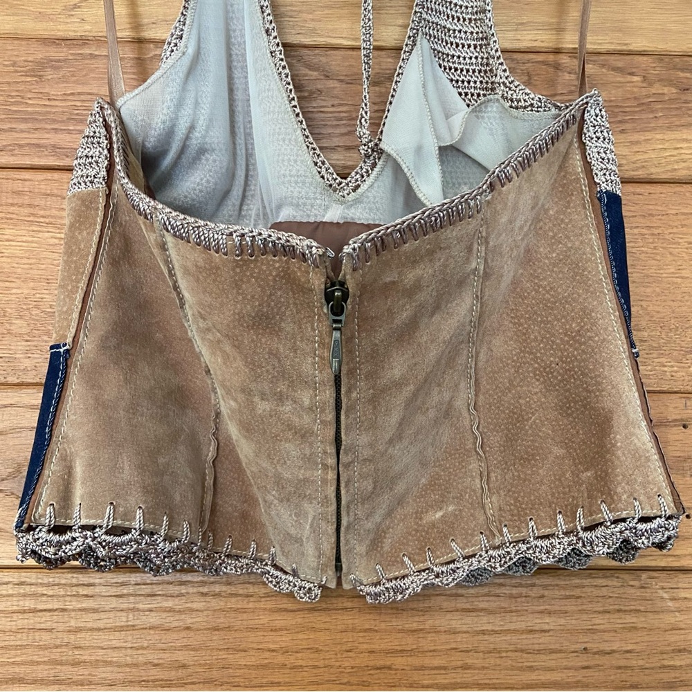 Y2K Wilson's Leather suede denim crochet patchwork halter top pants set - Picture 5 of 14